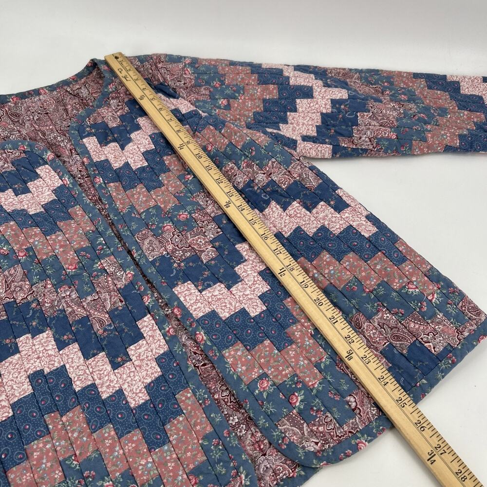 Vintage Handmade Quilted Jacket Womens Size L Blue Pink Floral Cottagecore - Picture 3 of 10